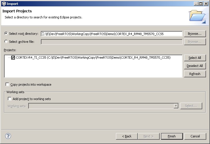 Selecting the FreeRTOS Cortex-R4 project to import into Eclipse