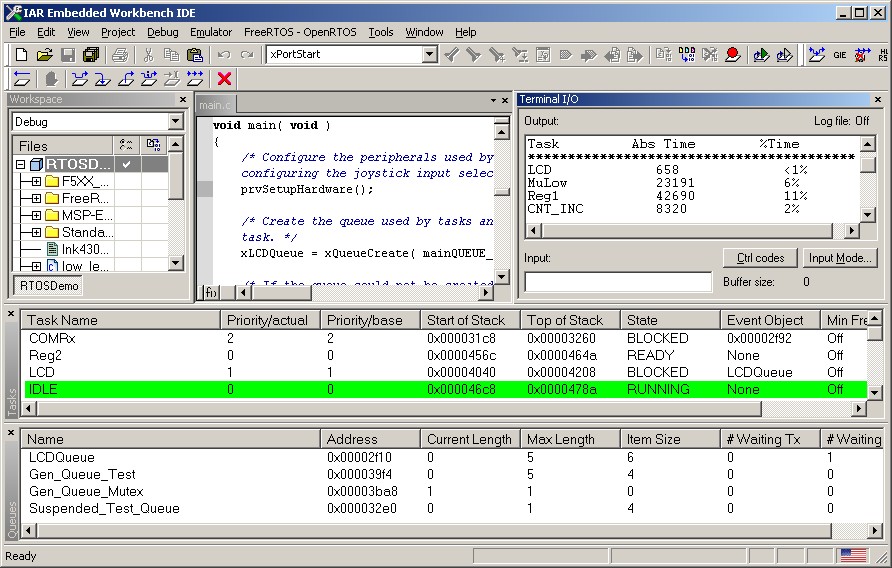 FreeRTOS MSP430X Debug Session Screen Shot