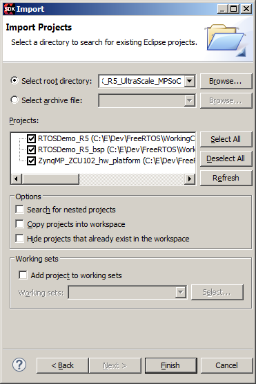 Importing the free ARM Cortex-R5 RTOS Demo Source project into the Xilinx SDK