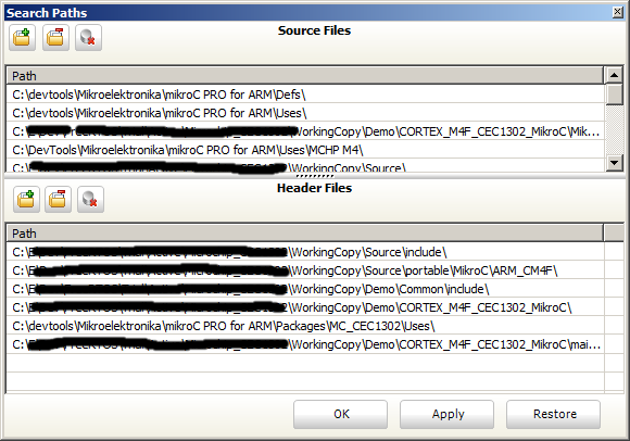 setting the path to the free RTOS source files and header files