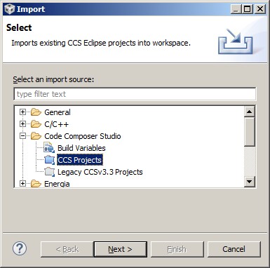 Importing the MSP430 RTOS demo project into the CCS Eclipse IDE